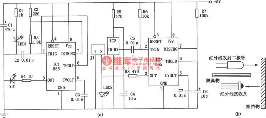 555组成的近距离红外检测电路图